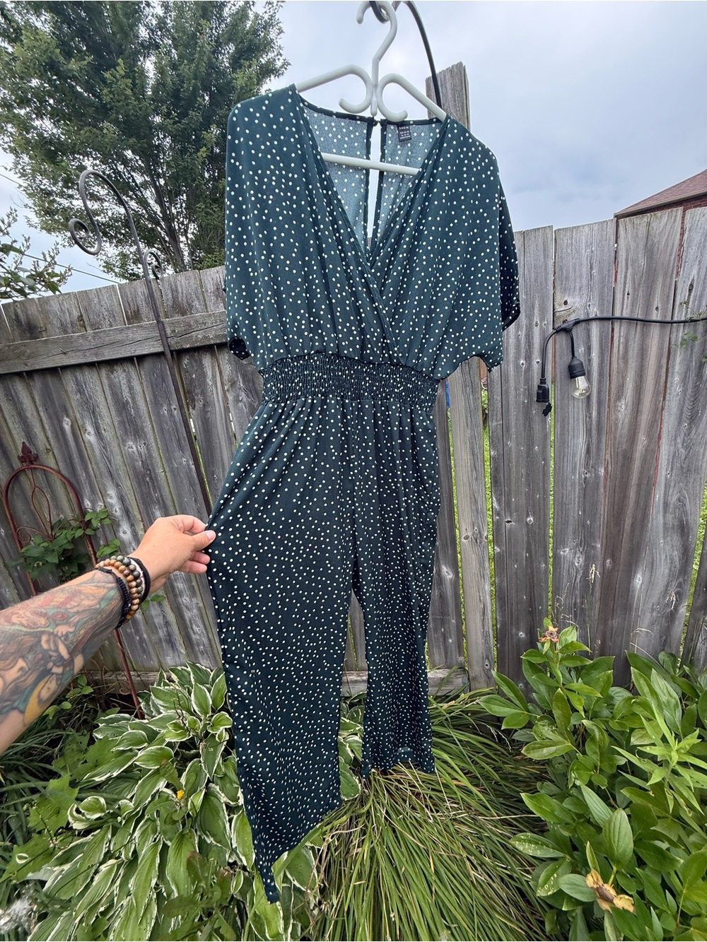 SHEIN Dark Green Polka Dot Smocked-Waist Short Sleeve Jumpsuit Romper
